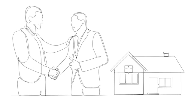 continuous line drawing businessman selling house business concept