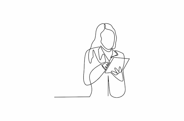 Continuous line drawing of businesswoman doing work with the company document vector Premium Vector