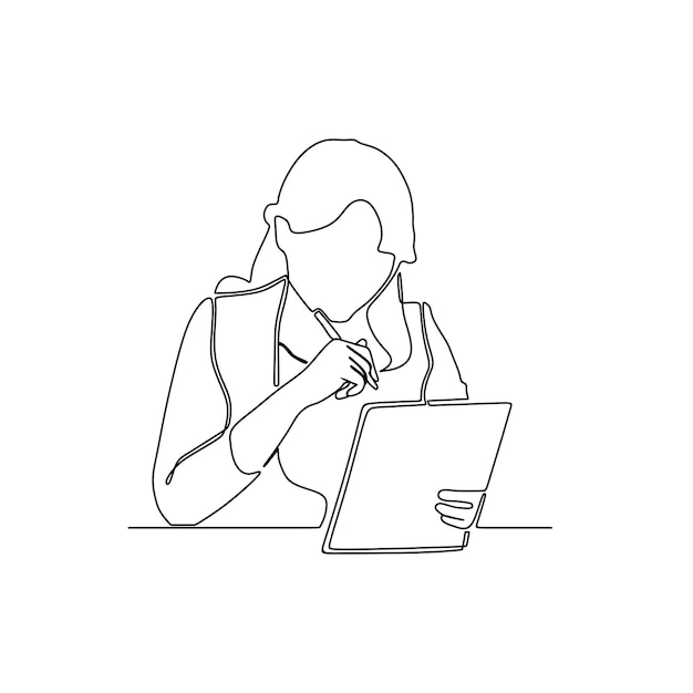 continuous line drawing of businesswoman using tablet digital