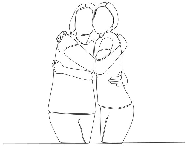 Continuous line drawing of cheerful women embracing each other Two women hugging each other