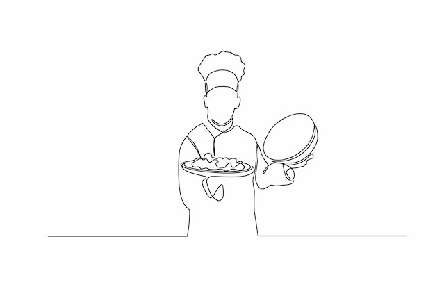 Continuous line drawing of chef holding of the dish Vector illustration Premium Vector