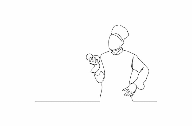 Continuous line drawing of chef holding two onions Vector illustration Premium Vector