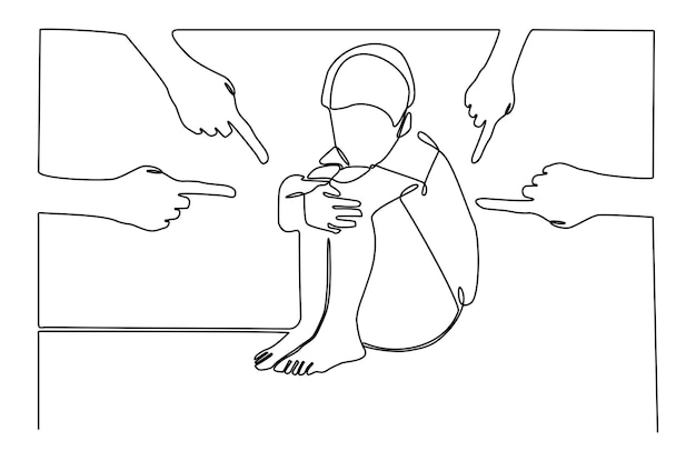 Vector continuous line drawing of a child victim of bullying premium vector illustration