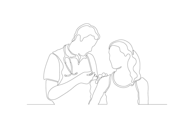 Continuous line drawing concept of a doctor injecting vaccine to a patient Free vector illustration