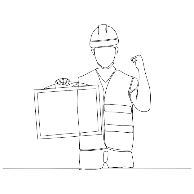 continuous line drawing of construction worker carrying information board vector illustration