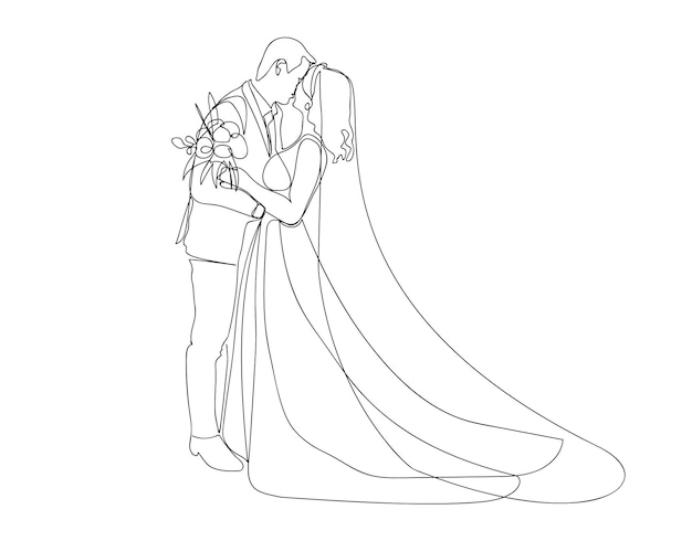 Continuous line drawing of Couple who love each other get married kissing, for wedding invitacions