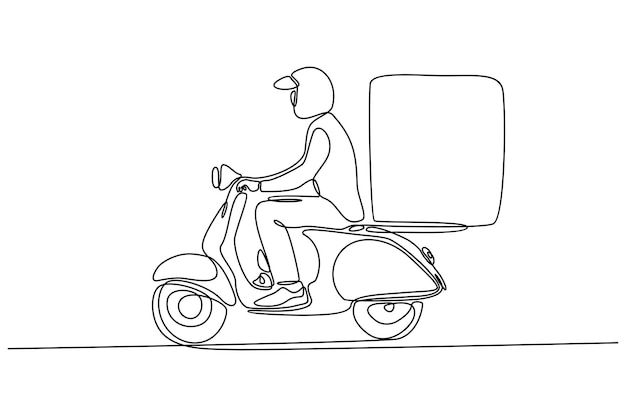 Continuous line drawing of courier delivering orders on motorbikes vector