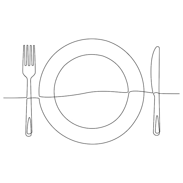 continuous line drawing of dinner plate with knife and fork Doodle sketch of cutlery and plates