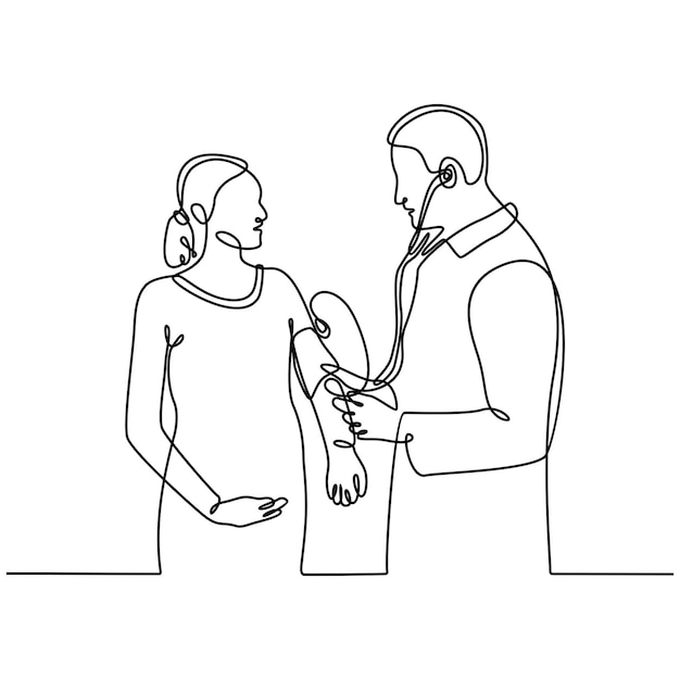 continuous line drawing of a doctor measuring the pressure of a pregnant woman on a white background