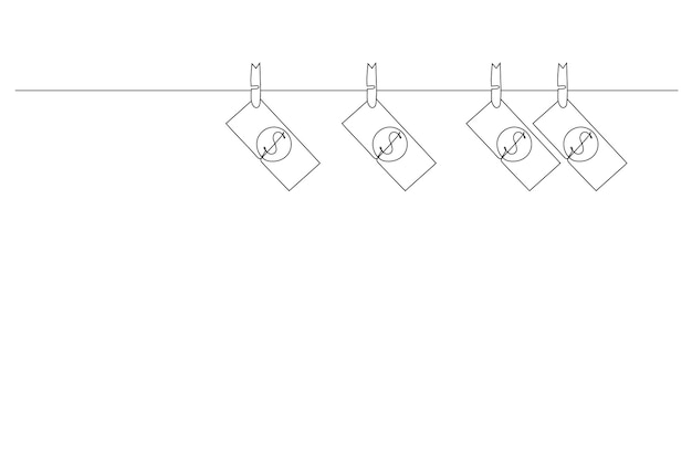 Continuous line drawing, Dollar bill hanging on rope attached with clothes pins. Money-laundering concept illustration of finance and business. Vector illustration.