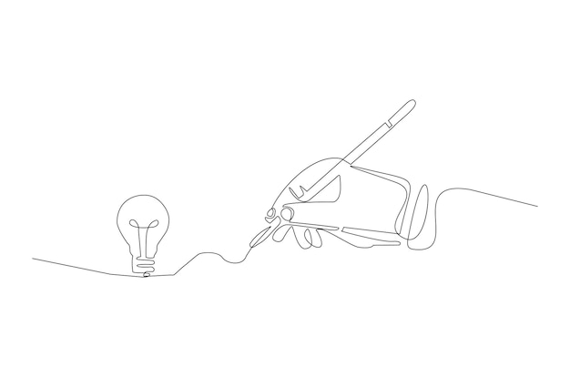 Continuous line drawing of  draw a bulb with pen on hand vector illustration Premium Vector