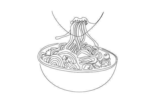 Vector continuous line drawing of eating a bowl of noodle with traditional style illustration premium vecto