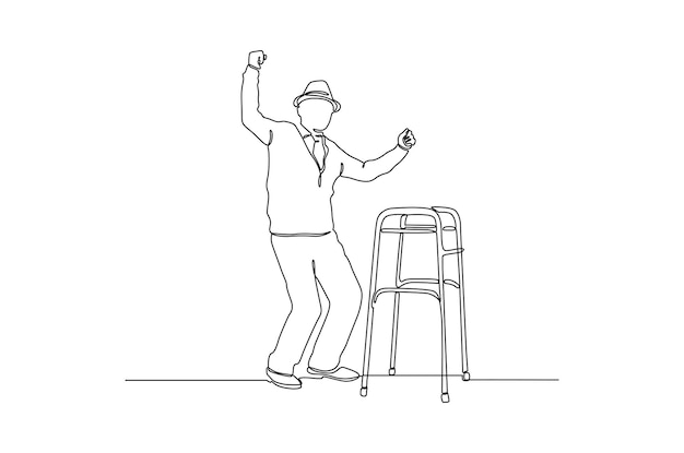 Continuous line drawing of a elderly man with walker vector illustration Premium vector