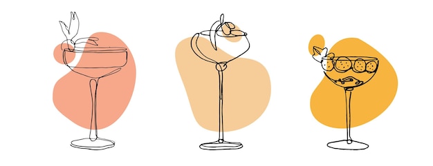 Continuous line drawing of exotic cocktail drinks vector