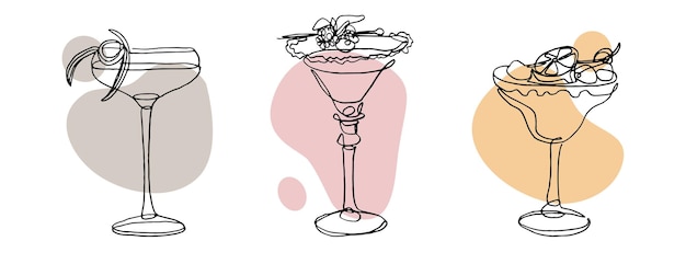 Continuous line drawing of exotic cocktail drinks vector