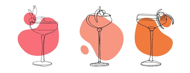 Continuous line drawing of exotic cocktail drinks vector