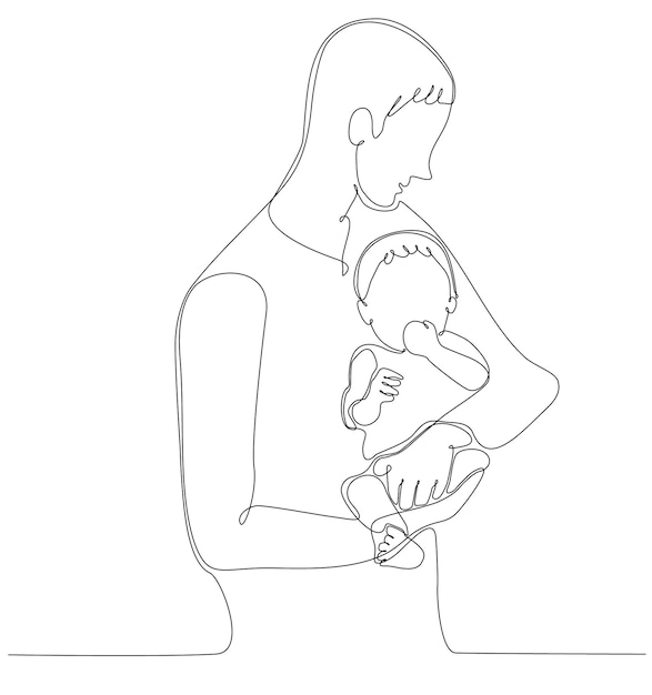 continuous line drawing father holding baby