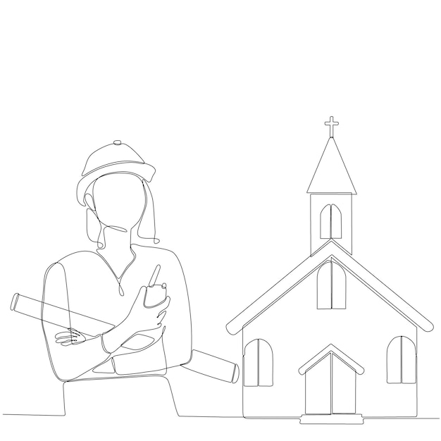 continuous line drawing of female architect building church