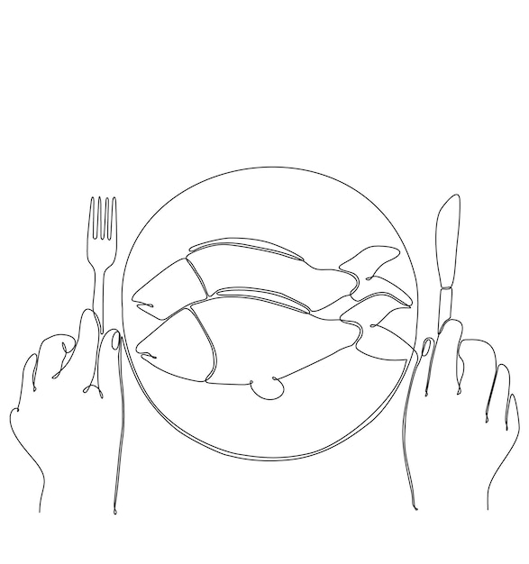 continuous line drawing fried fish dish vector illustration concept