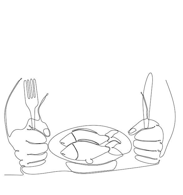 continuous line drawing fried fish dish vector illustration concept