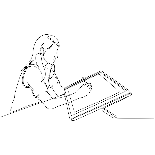 Continuous line drawing of Girl Drawing with Digital Screen Monitor vector illustration