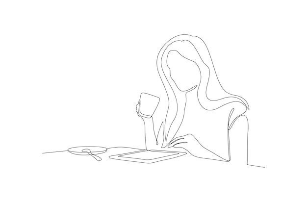 Continuous line drawing of a girl drink coffee with read a magazine vector illustration Premium vect