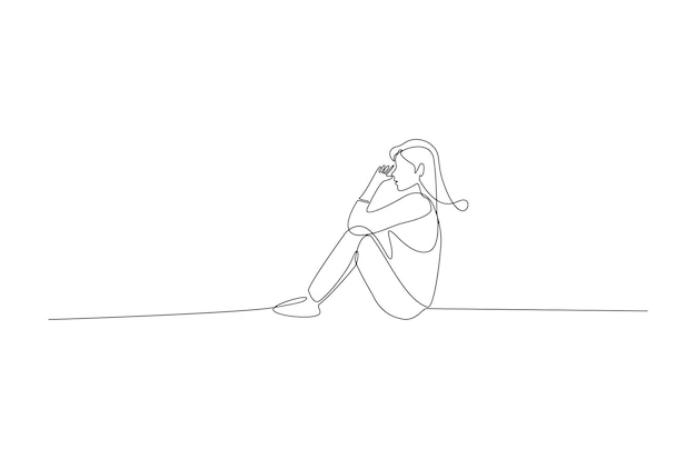 Continuous line drawing of girl feeling sad worried and suffering from depression Premium Vector