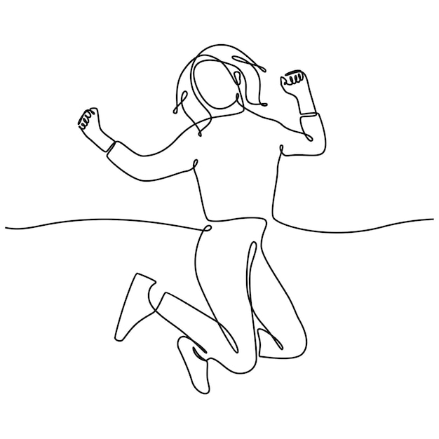 Continuous line drawing of a girl jumping for joy isolated on white background vector illustration