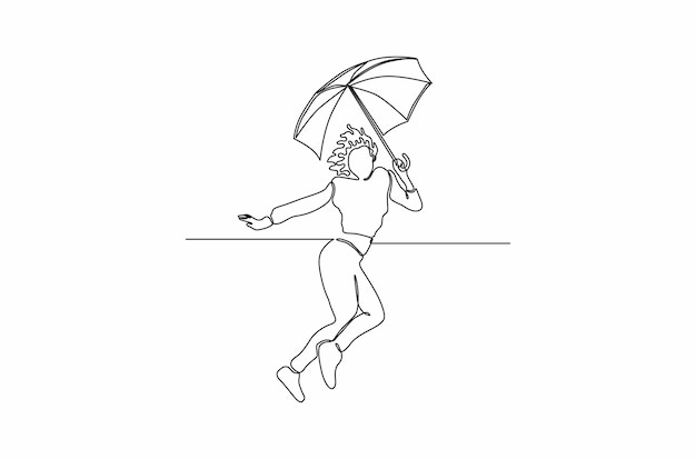 Continuous line drawing of a girl jumping for joy with umbrella on hand isolated on white background