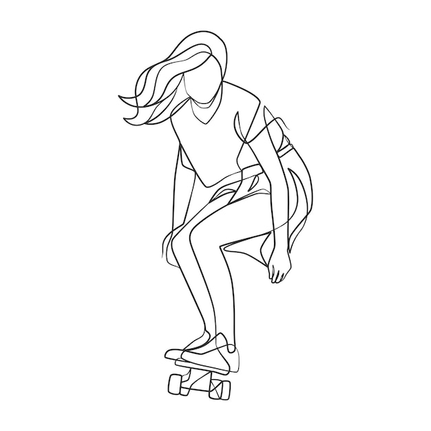 Continuous line drawing of girl playing skateboard Skateboard game player one line drawing