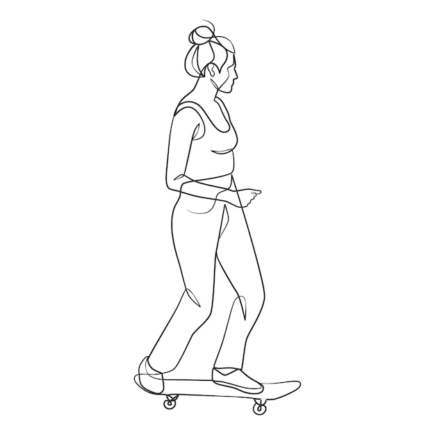 Continuous line drawing of girl playing skateboard Skateboard game player one line drawing