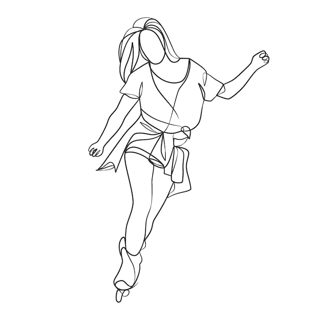 Continuous line drawing of girl on rollers One line drawing of woman on roller skate