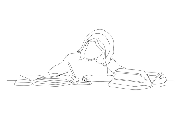 Continuous line drawing of a girl writing on the book correspondence concept vector illustration