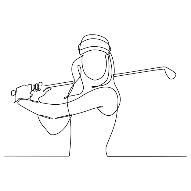 Continuous line drawing of golfer hitting the ball in full swing for a match Sporty female golfer