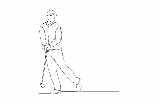 Continuous line drawing of a golfer taking a swing to hit the ball Premium Vector