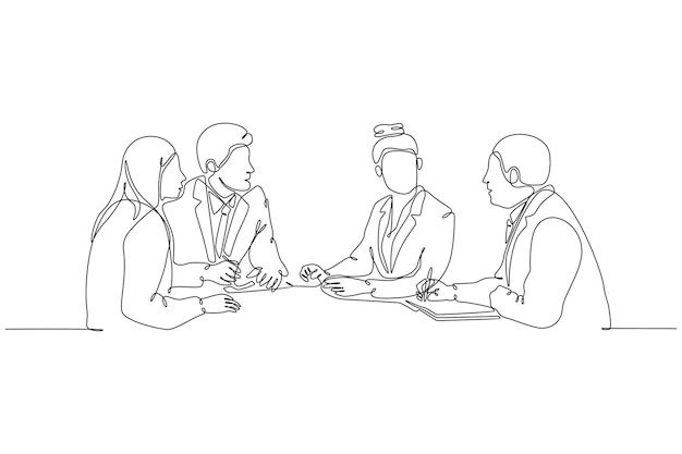 continuous line drawing of group of people at work meeting vector illustration