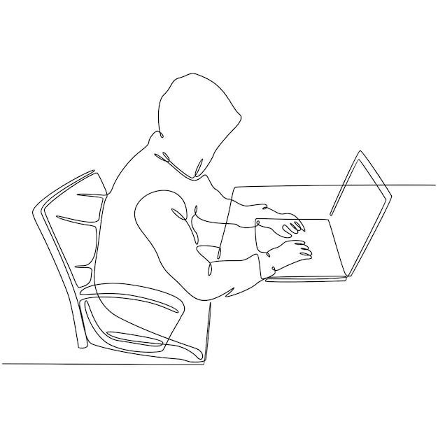 Continuous line drawing of a hacker with a laptop thinking of looking for internet money vector