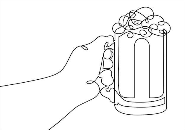 Continuous line drawing of hand holding beer glass