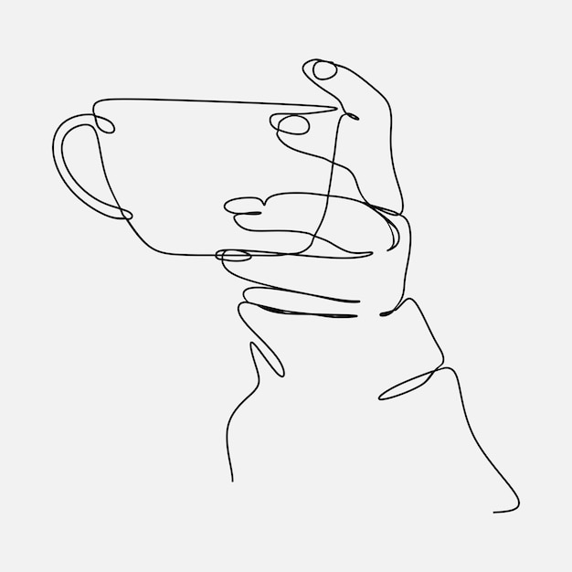 continuous line drawing of a hand holding coffee tea in a cup one single line graphic design