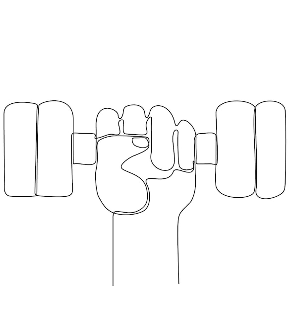 Continuous line drawing of hand holding dumbbells.