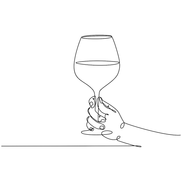 continuous line drawing of a hand holding a glass of wine Ink sketch isolated