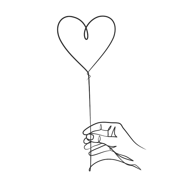 Continuous line drawing of hand holding heart balloon Hand holding balloon one line simple drawing