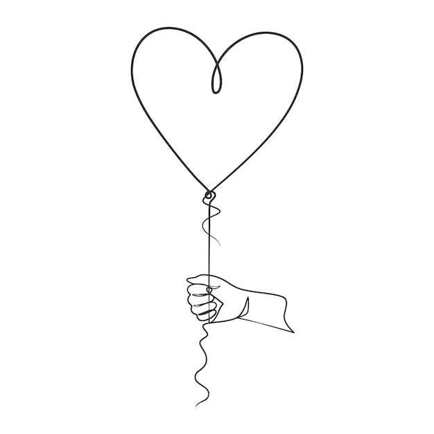 Continuous line drawing of hand holding heart balloon Hand holding balloon one line simple drawing