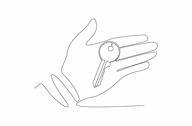 Continuous line drawing of a hand holding a house key vector illustration Premium Vector