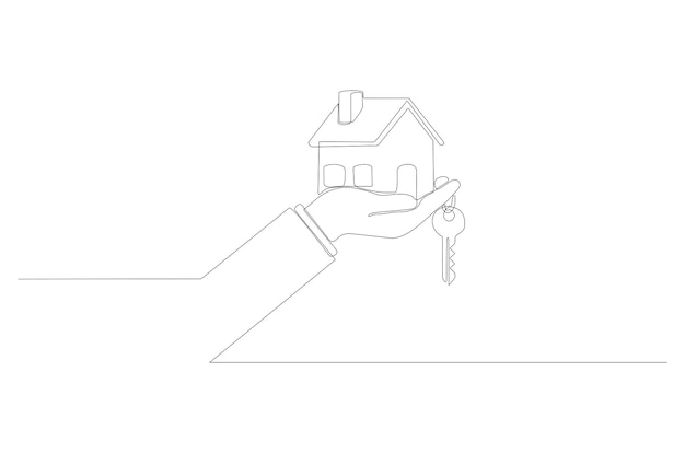 Continuous line drawing of a hand holding a house key vector illustration Premium Vector