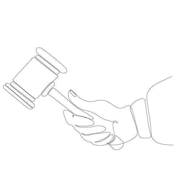 continuous line drawing hand holding judge's hammer