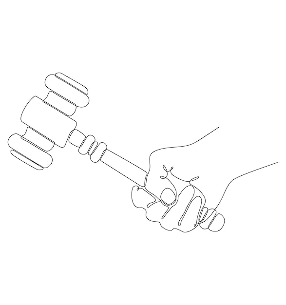 continuous line drawing hand holding judge's hammer