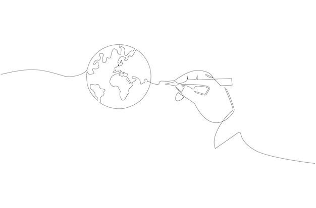 Continuous line drawing of hand holding pen to draw a globe vector illustration Premium Vector