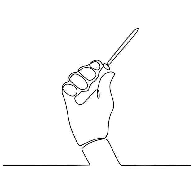 continuous line drawing of a hand holding a screwdriver vector illustration