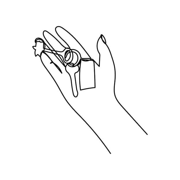 Continuous line drawing hand holds the keys to the car or apartment Real estate sale concept Vector